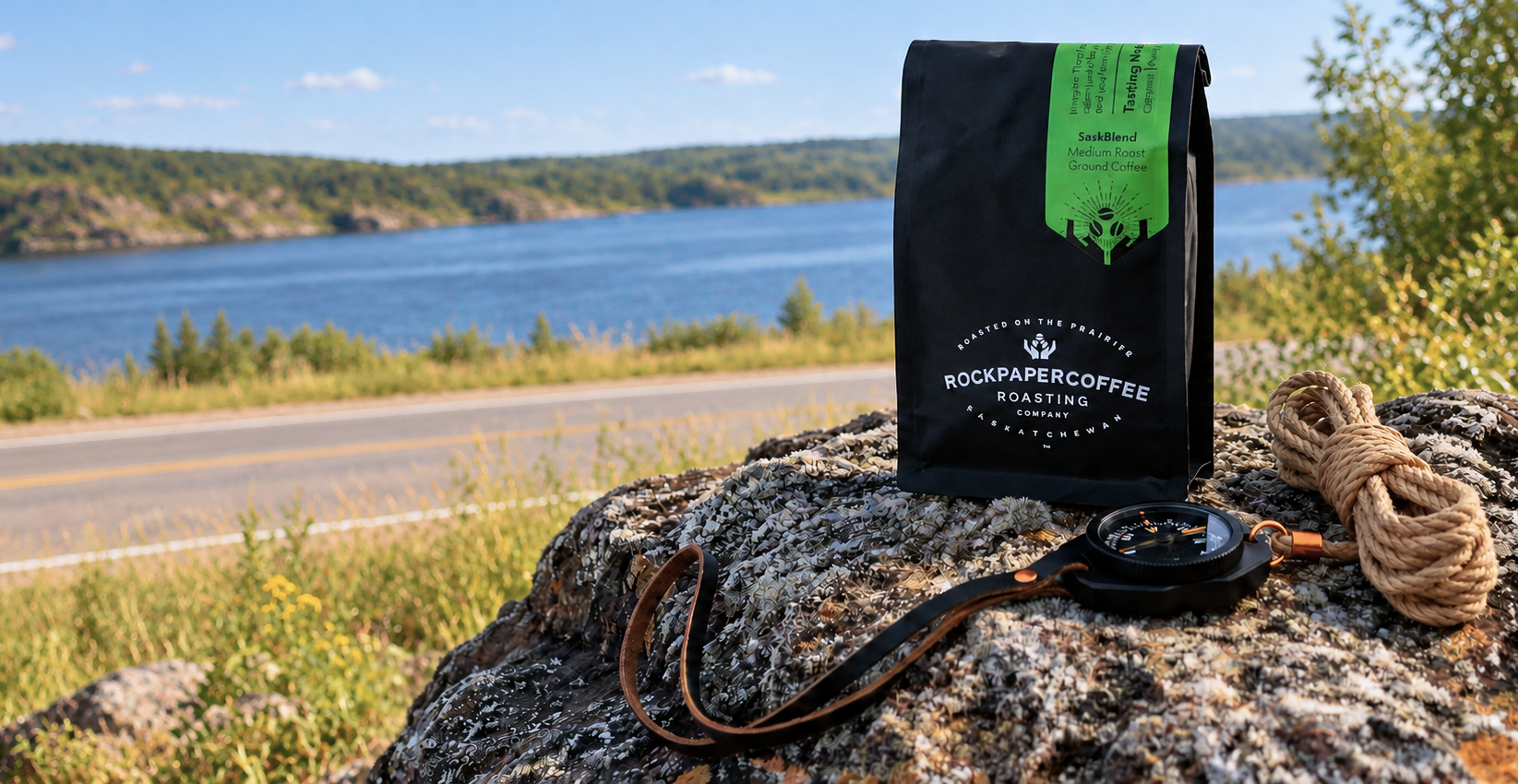 SaskBlend medium roast coffee bag overlooking a lake in Western Canada